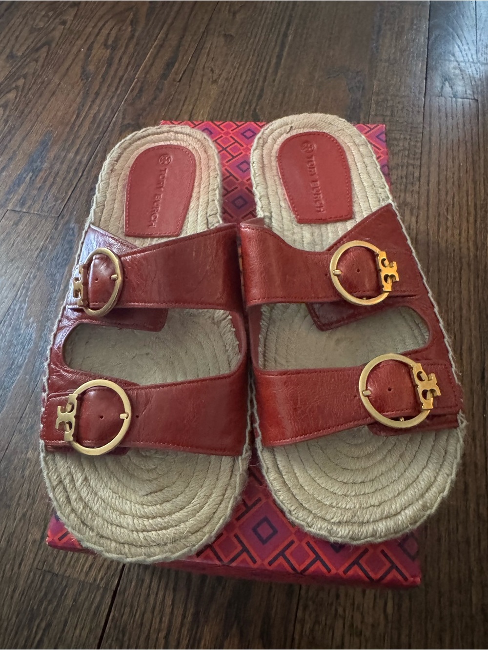 Tory Burch Red Leather Double-Buckle Espadrille Slide Sandals